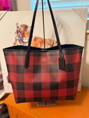Coach City Tote Red & Black Buffalo Plaid Tote Like New